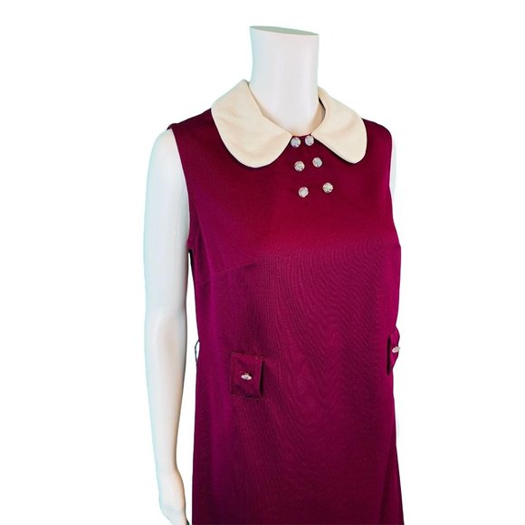 Vintage 1960s Mod Dress Maroon Peter Pan Collar | B 37" - Picture 6 of 10